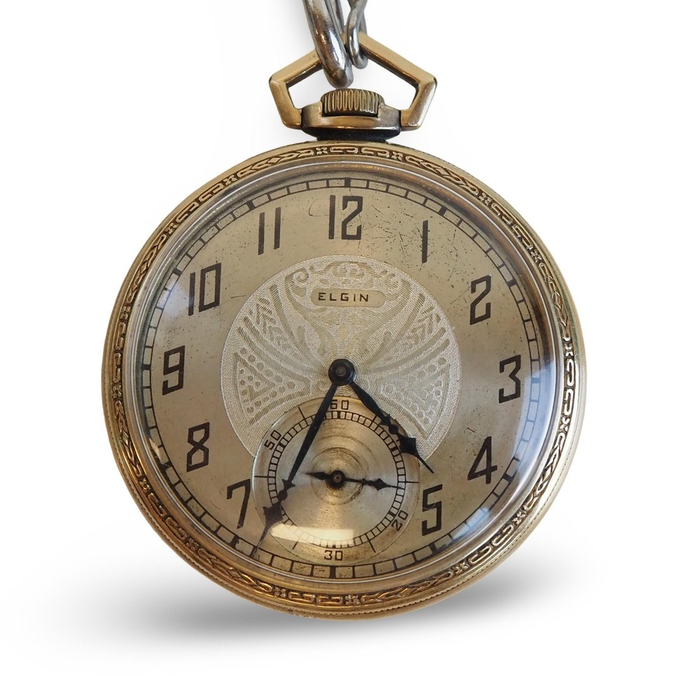 Vintage 1927 Elgin 12s Art Deco Pocket Watch Mechanical Gold Tone Runs